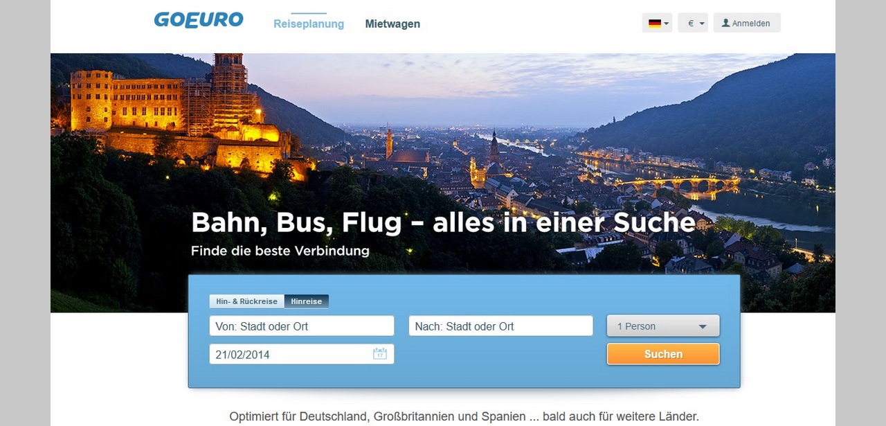 GoEuro-Plattform in Aktion (Foto: Screenshot, archive.org)